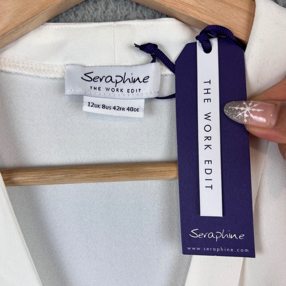 New Seraphine Twist Front Blouse Cream Sleeveless V Neck Work Edit Size 8 - Picture 4 of 11